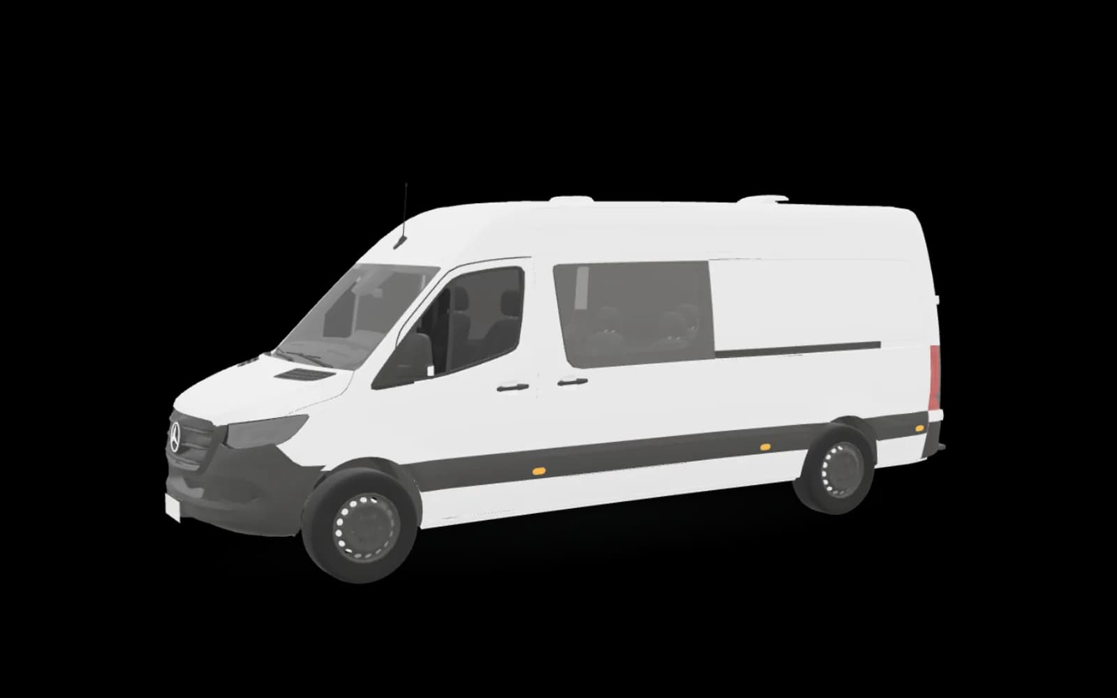 Sprinter cargo van, one of the Desire Transport fleet vehicles, rendered in a studio setting